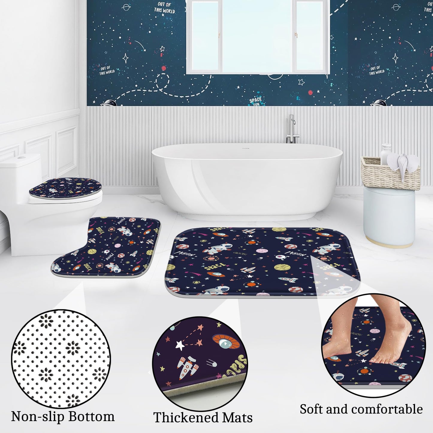 Poedist 4 Pcs Bathroom Shower Curtain Set, Bathroom Set, Space Shower Curtain Sets with Rugs(Bath Mat,U Shape and Toilet Lid Cover Mat) and 12 Hooks