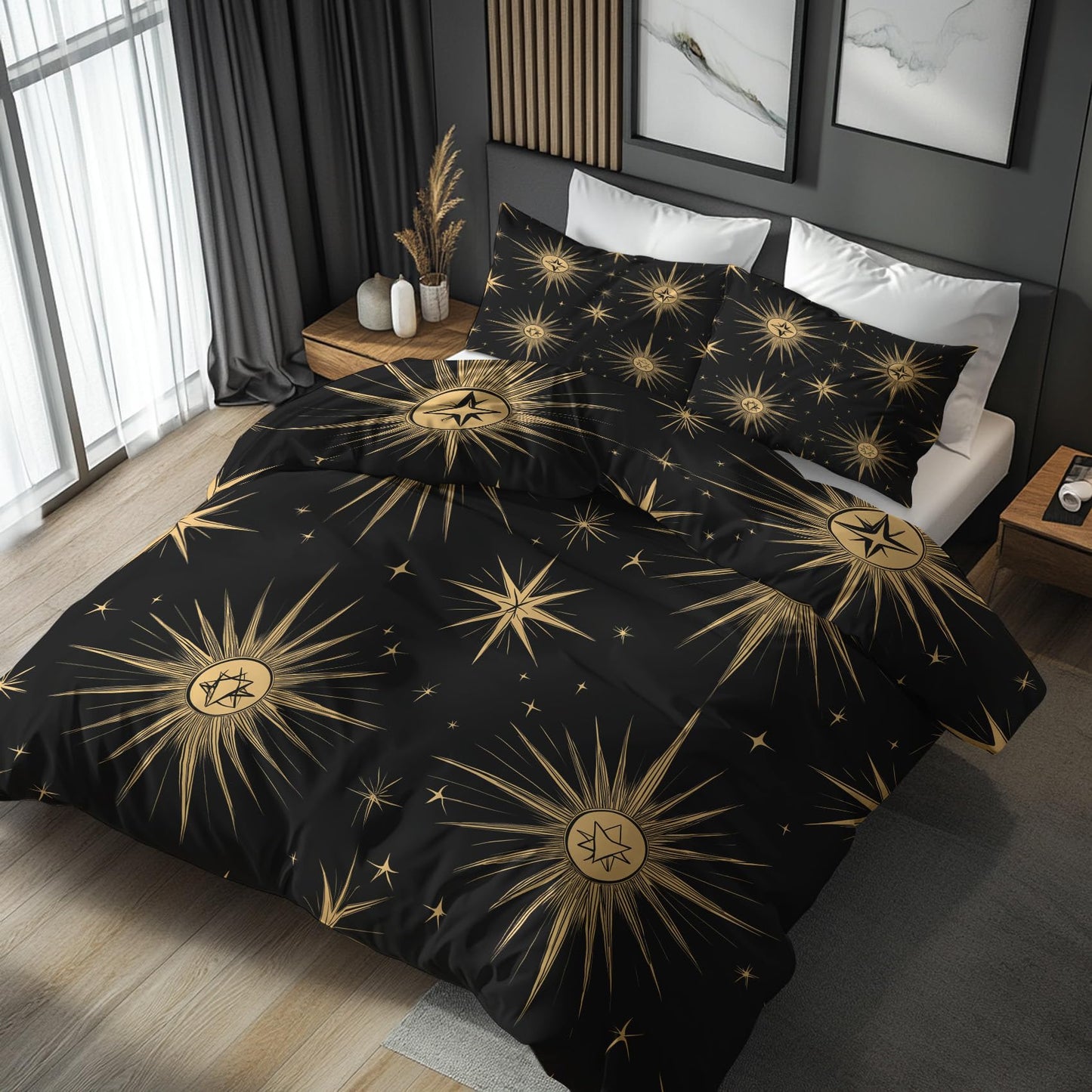 zcwl Mid Century Duvet Cover Queen Size | Black Gold Retro Bedding Set | 3 Piece | Soft Microfiber Patterned Comforter Cover with Zipper Ties & 2 Pillowcases | Geometric Abstract Bedroom Decor