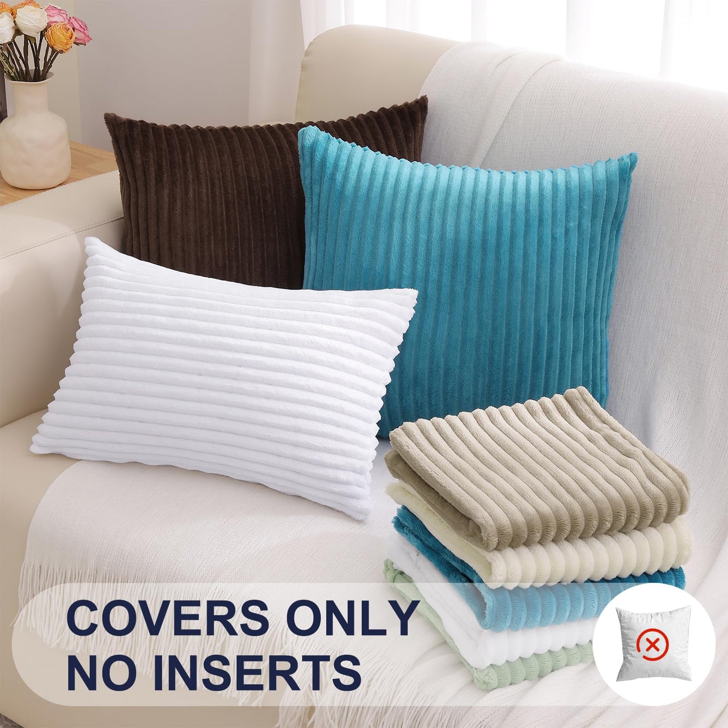 Simmore Decorative Throw Pillow Covers 18x18 Set of 2, Soft Natural Plush Flannel Double-Sided Fluffy Couch Pillow Covers for Sofa Living Room, White