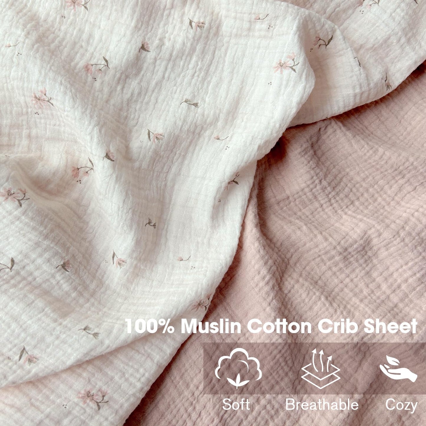 Little Grape Land Muslin Crib Sheets Fitted for Boys and Girls 2 Pack, 100% Cotton Baby Bed Sheets Soft Breathable, Neutral Fitted Baby Mattress Sheets for Standard Crib 52x28 inches, Fog Flower