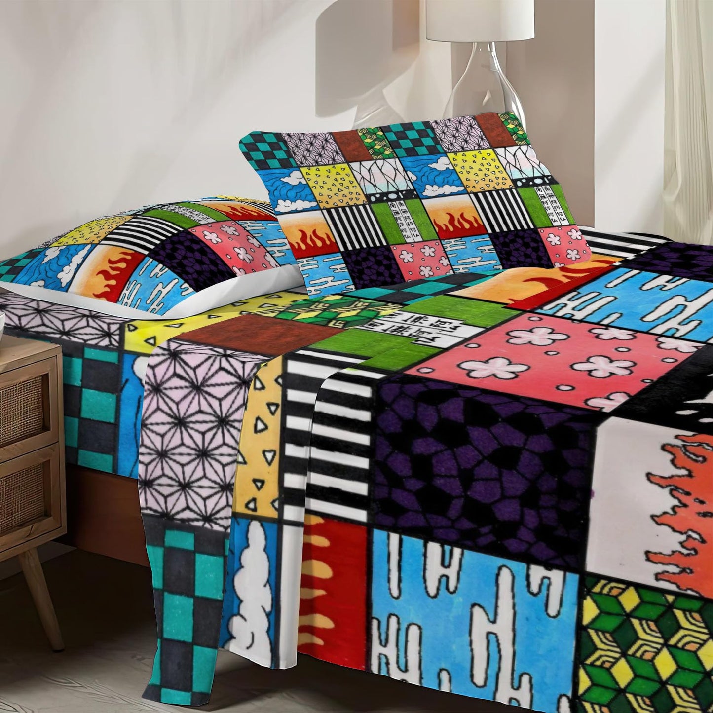 Allenjoy Twin Size Demon Battles Fitted Sheet Anime Bed Flat Sheets Bedding Set Deep Pockets Up to 16" Bedroom Decor with 1 Pillowcase SC00040-009