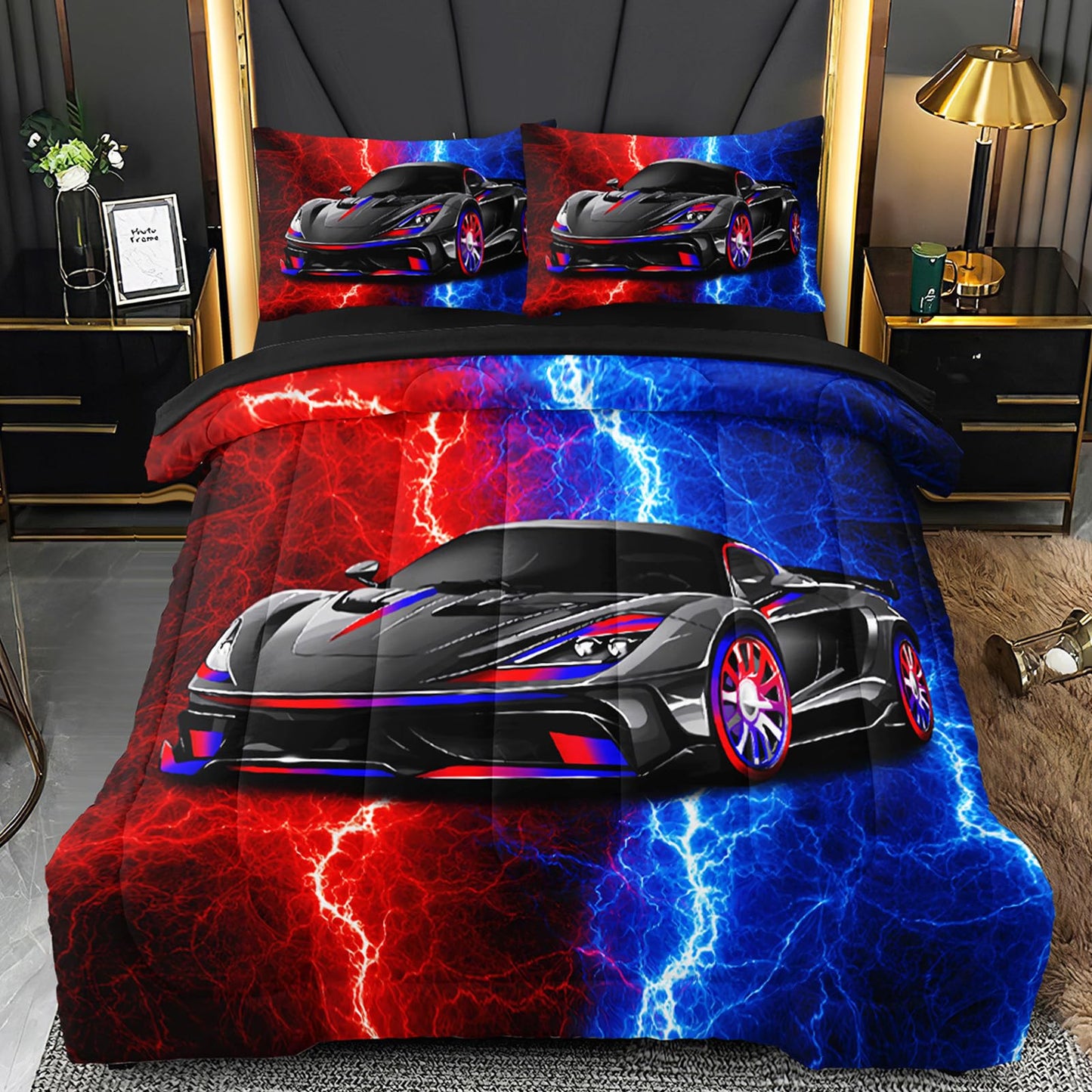 BERTSUCA 5 Pcs Car Comforter Sets for Boys, Cool Red Blue Lightnings Bed in A Bag Full Size Car Bedding Set for Boys Kids