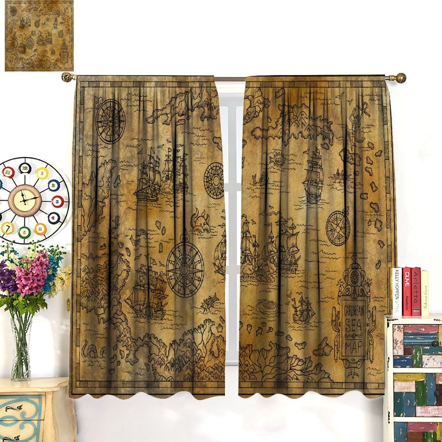 XBDDZSW Nautical Sailboat Map Curtains Sketch Pirate Ship Wheel Compass Starfish Coral Reef Nautical Map Pattern Print Window Drapes for Bedroom Living Room Kitchen Decor,2 Panel Set,42x45 Inch Decor