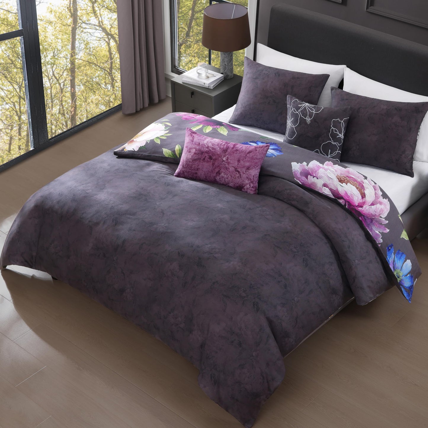 Bebejan Elegant Blossom 5 Piece Comforter Set, 100% Cotton Sateen, 200 Thread Count, Grey Reversible Bedding Comforter Set, 1 Comforter, 2 Shams & 2 Pillows (King/Cal King)