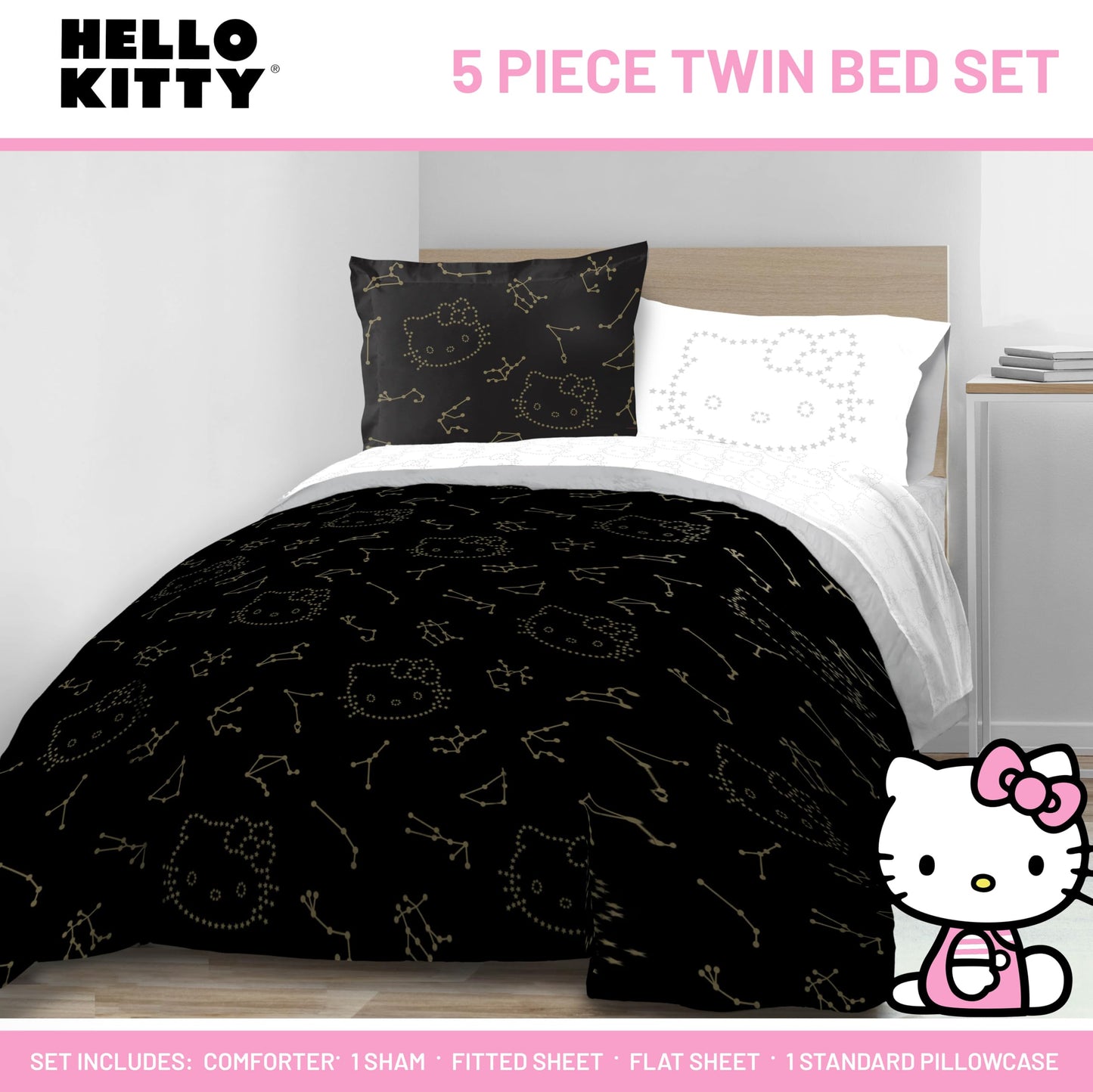 Jay Franco Hello Kitty Stars Twin Comforter Set - 5 Piece Bedding Includes Sheet Set & Pillow Covers - Super Soft Zodiac Black & Gold Bedding