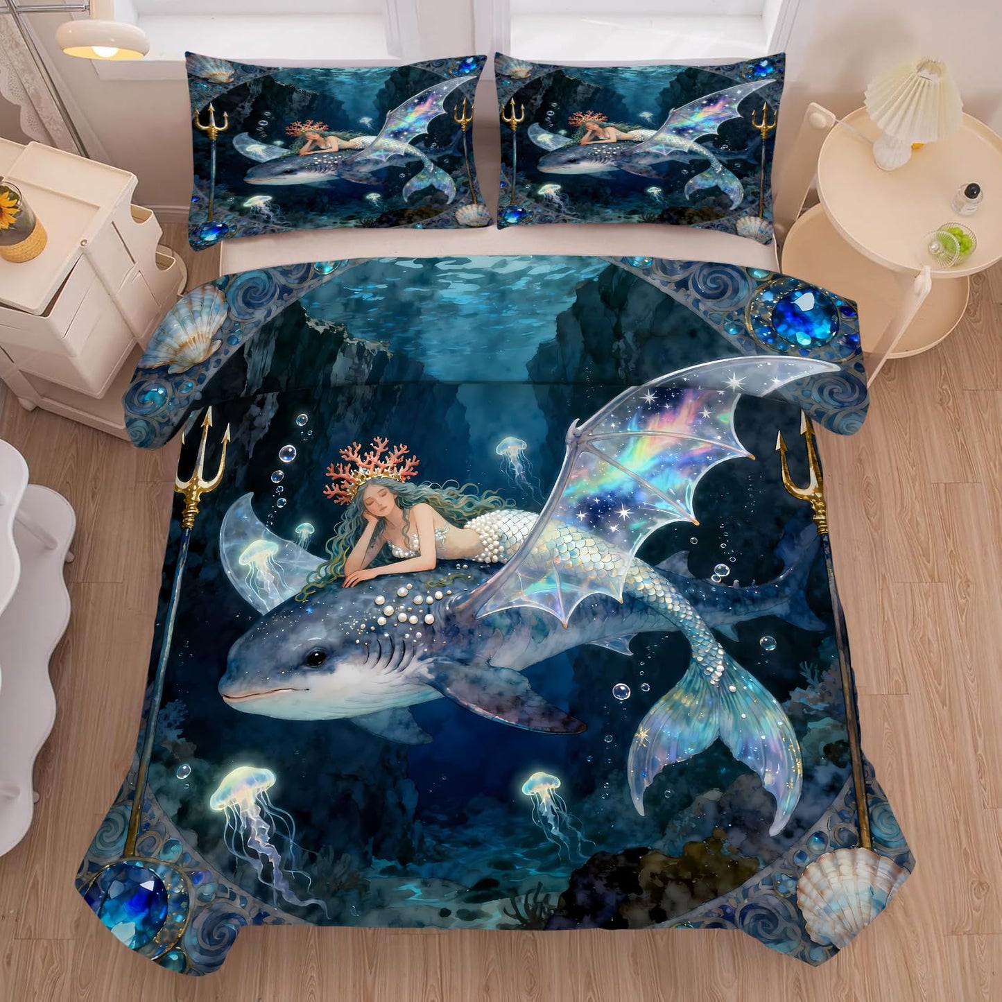 kxry Mermaid King Bedding Sets for Girls Kids, Ocean Fish Scales Quilt, Coastal Nautical Sea Animal Comforter Sets, Cute Jellyfish Duvet, Sparkle Mermaid Fish Scale Soft Comforter, 3 Pcs