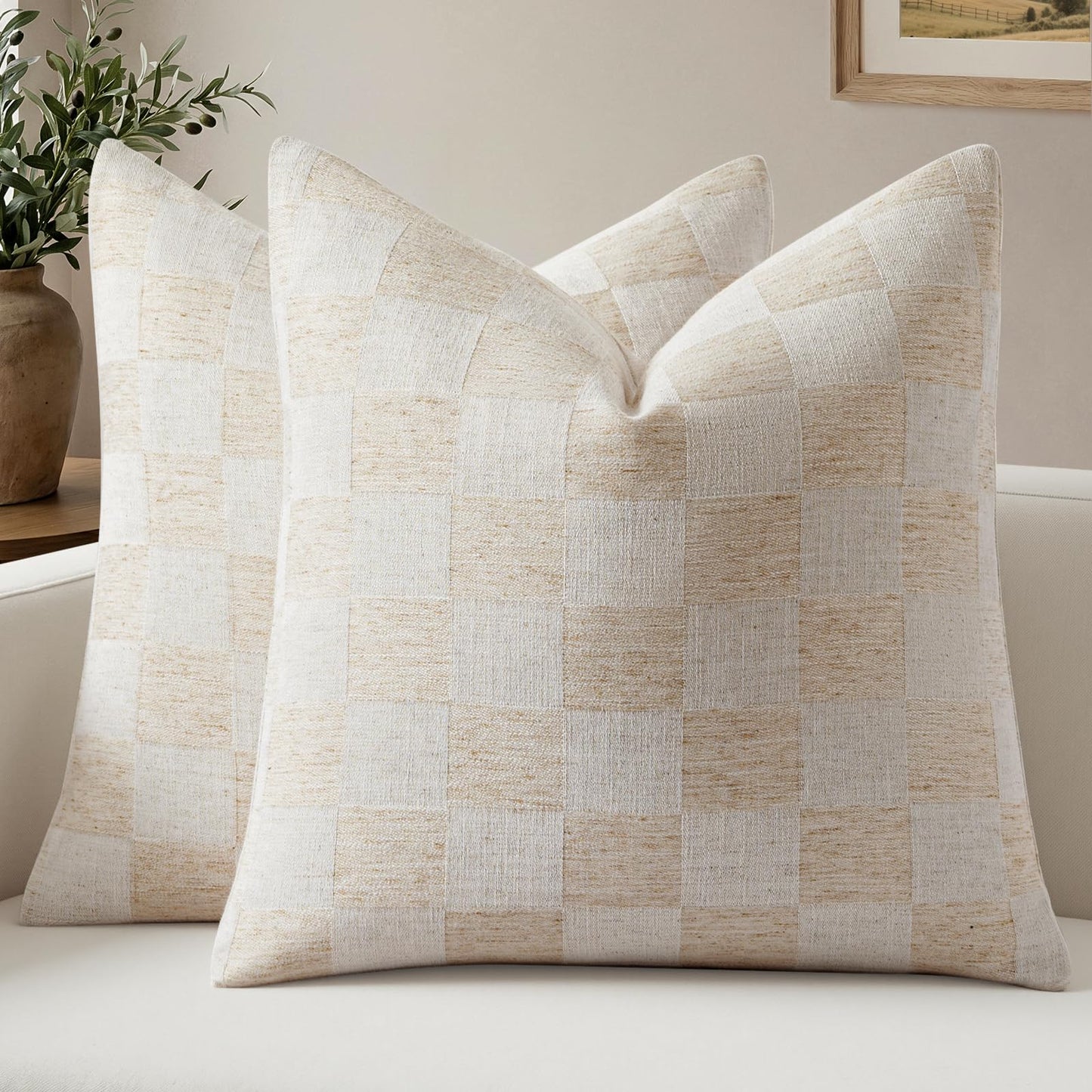 a moment Set of 2 Decorative Linen Throw Pillow Covers,Large Grid Textured Neutral Boho Farmhouse Cushion Covers,Soft Aesthetic Pillowcases for Couch Sofa Living Room Home Decor,24x24 Inch,Beige