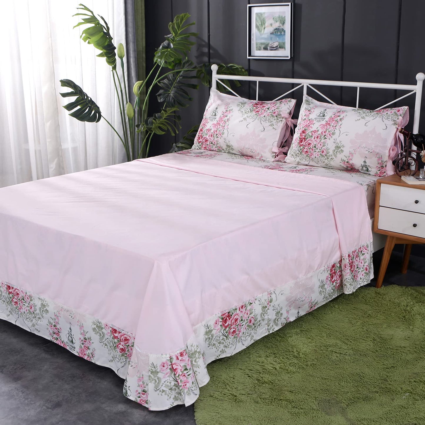 FADFAY Floral Bed Sheets 4Pcs Twin XL 100% Cotton Deep Pocket Fitted Sheet Sets Lightweight Soft Rose Bed Sheets for Girls All-Season Use