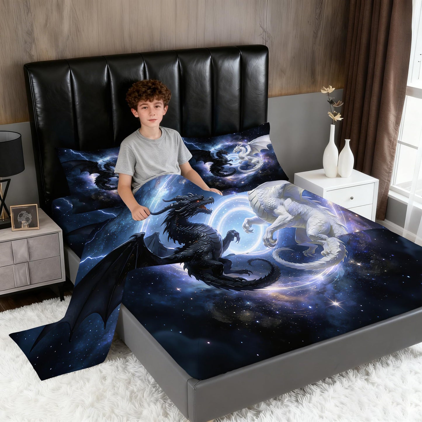 VTKON Black and White Dragon Fitted Sheet Twin Size, Galaxy Dragon Bed Sheet 3Pcs for Boys Kids, Starry Animal Pattern Fitted Sheet Soft Microfiber for Bedroom Decor