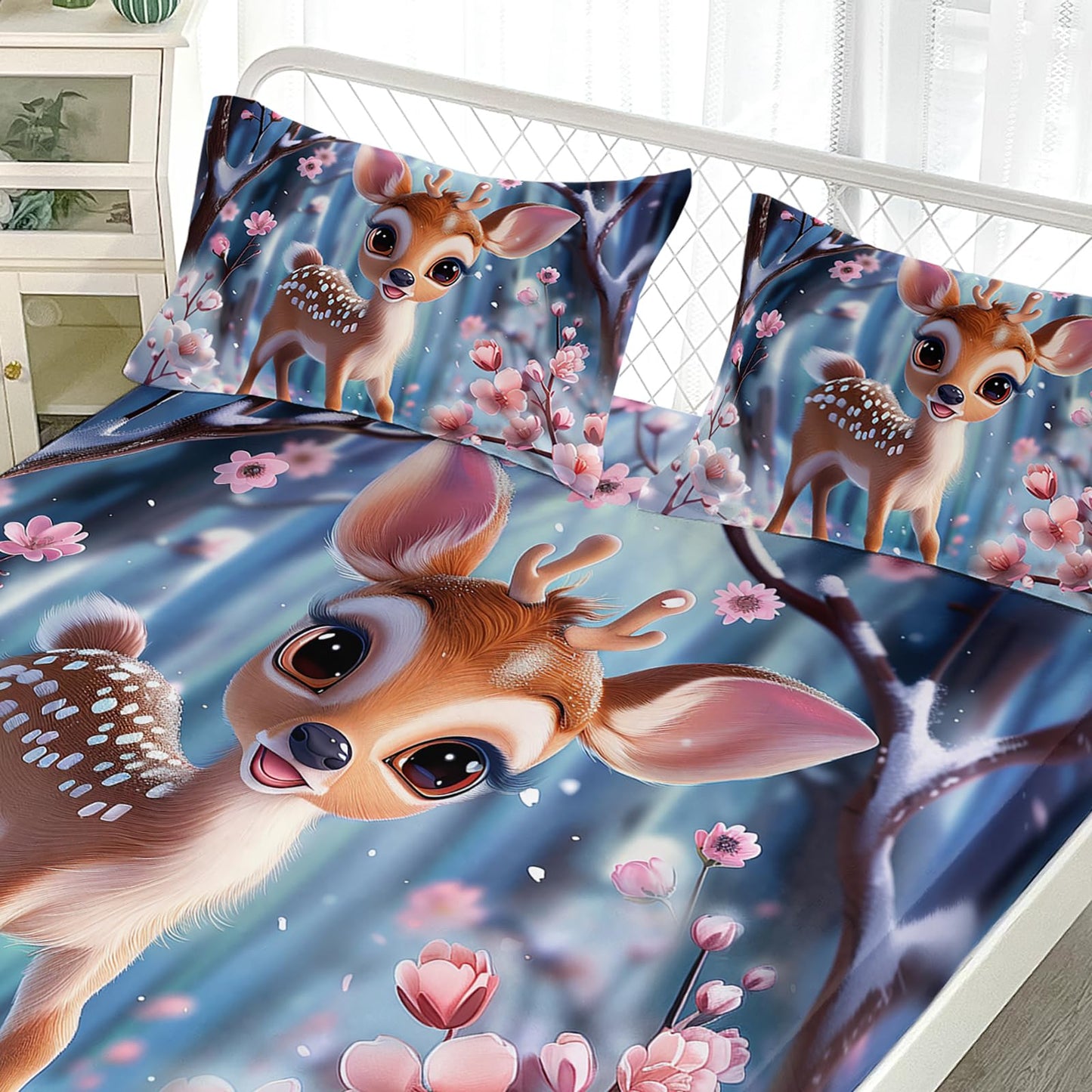 AILONEN Cute Deer Fitted Sheet Set Twin XL,Winter Snow Pink Blossom Bed Sheet + 2 Pillowcases,Cartoon Animal Sika Deer Bedding Set for Kids Girls,3Pcs