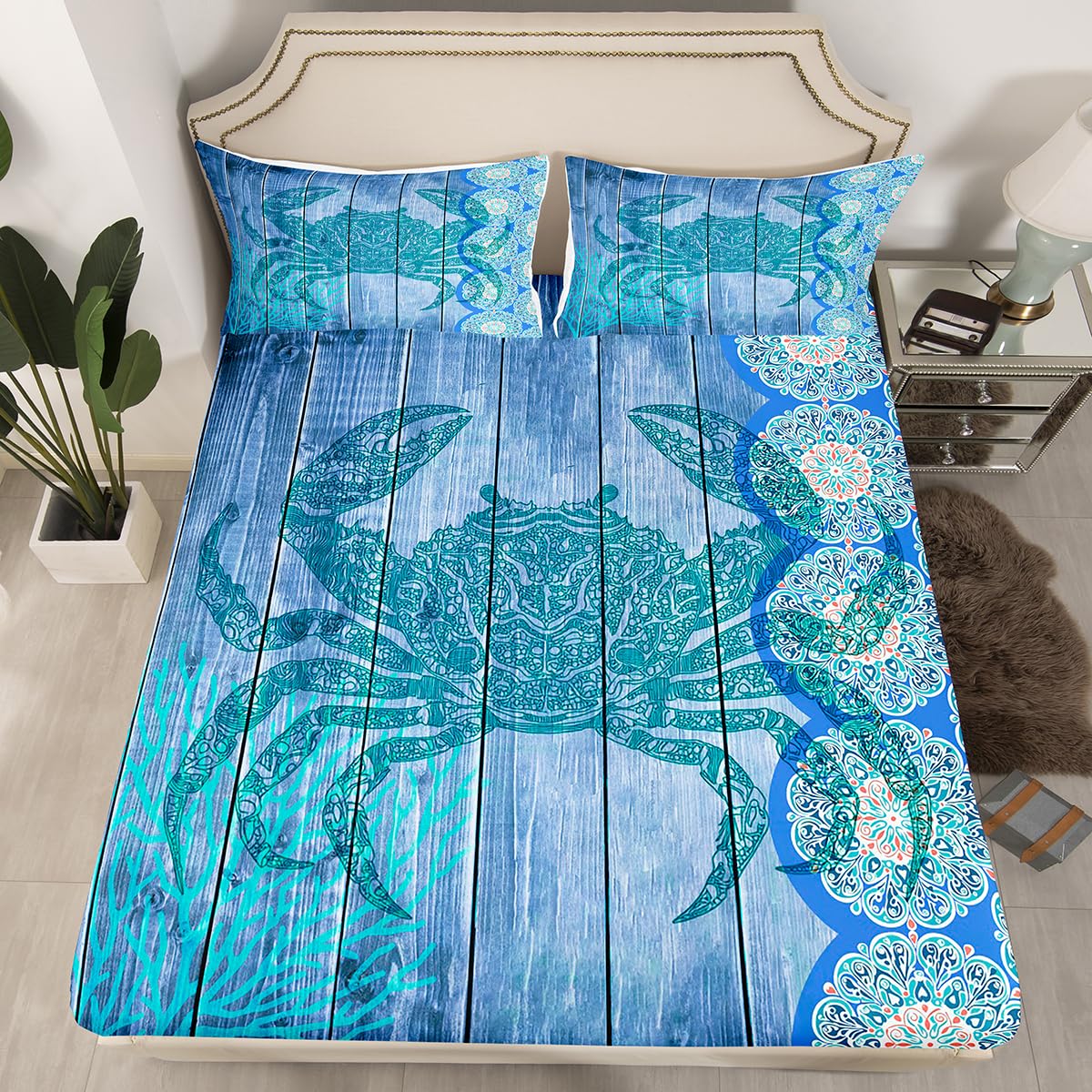 Erosebridal Blue Crab Sheet Set,Hippie Boho Mandala Bed Sheets Queen Sea Ocean Nautical Theme Flat Sheet Beach Animal Fitted Sheet Wood Board Home Room Decor,4Pcs with 2 Pillow Shams