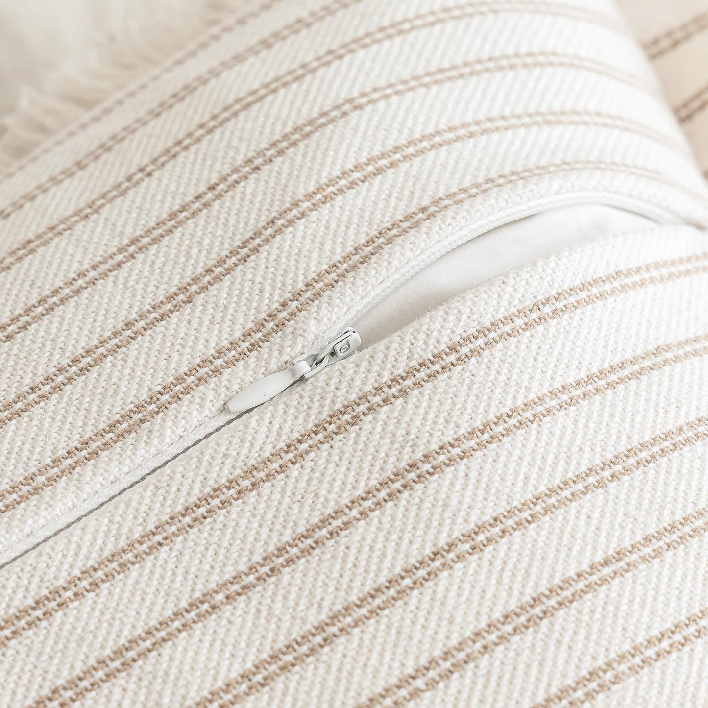 YEENAASY Throw Pillow Covers 18x18 Set of 2 Striped Fringe Pillow Cover Farmhouse Cushion Covers with Tassel Neutral Boho Pillows Decorative Square Pillowcase for Couch Sofa Bed, Khaki