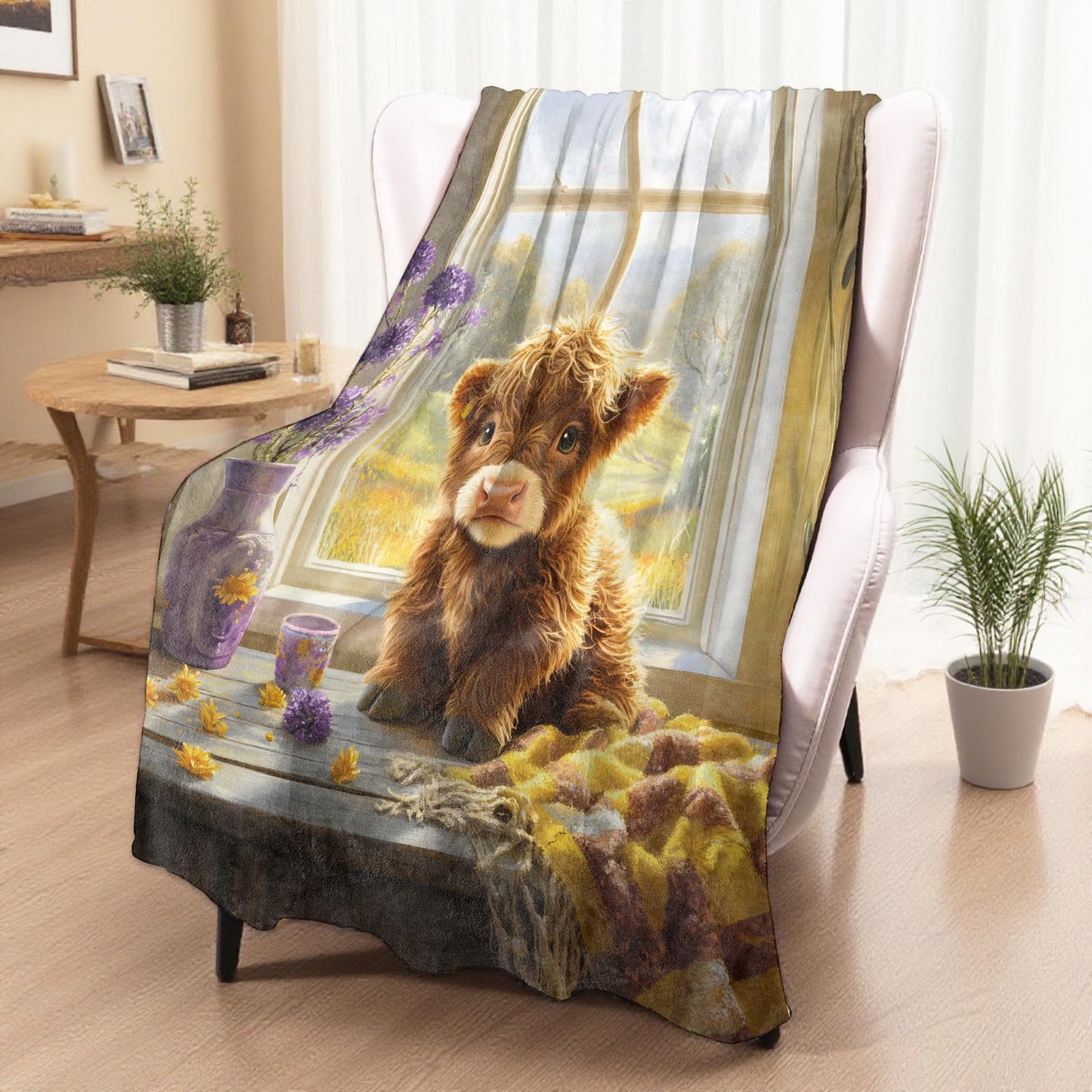 xmwjfd Cute Highland Cow Blanket, Cozy Plush Fluffy Calf by The Window Throw Blanket for Couch Bedroom Outdoor, Lightweight Soft Flannel Travel Blankets, Gifts for Women Kids, Warm Decor 50"×60"