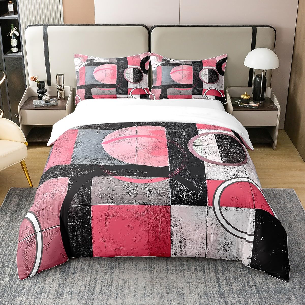 jejeloiu Pink Coal Black Circle Duvet Cover 100% Cotton King Size Kids Abstract Geometric Comforter Cover for Boys Girls Teens Stripe Line Bedding Set Breathable Soft Room Decor