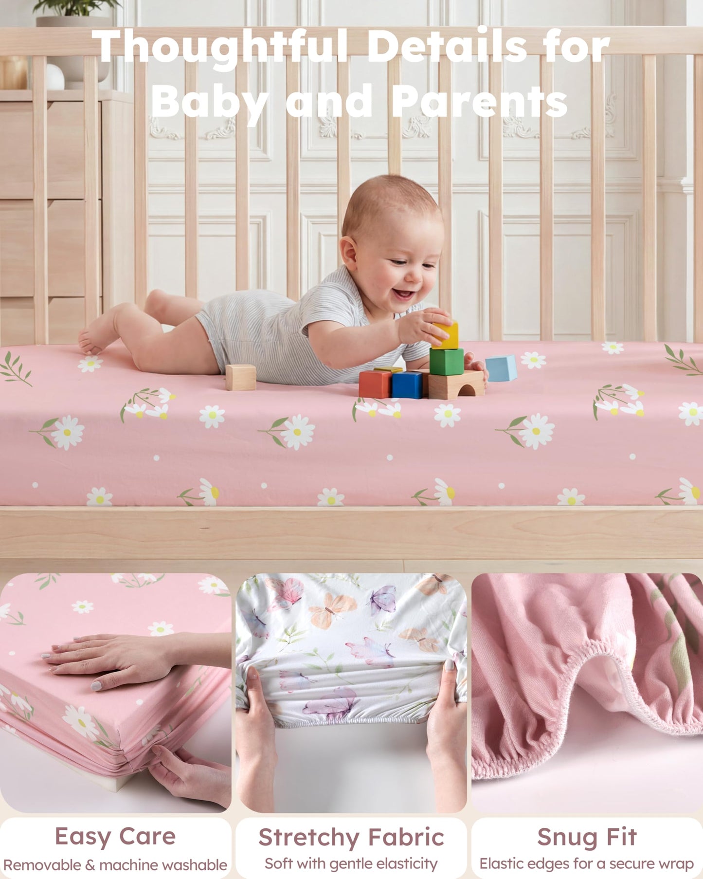 Nyessmee Pack and Play Sheets for Girls, 38" x 26" Mini Crib Sheets Fitted for Pack n Play Mattress, Soft Breathable Playard Sheets, 2-Pack Pink Butterfly