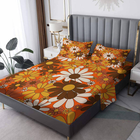 zcsm King Size Sheets Set - 70s Groovy Flower Bed Sheets, Retro Daisy Sheet Set, Soft Microfiber & Deep Pocket & Wrinkle Free Sheet & Pillowcase Sets, Vintage Floral Bedding for Bedroom Decor