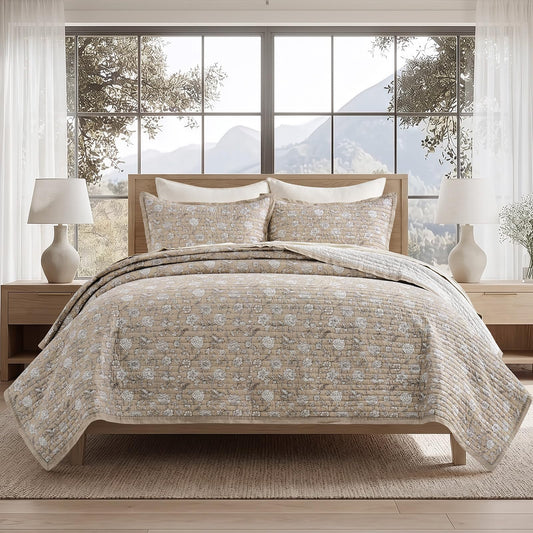 EVERGRACE Cotton Quilt Set King Size, 100% Cotton Reversible Lightweight Bedspread Coverlet, Vintage Floral Farmhouse Bedding, Traditional Botanical Quilt with 2 Pillow Shams, Sandstone Beige 108"×96"