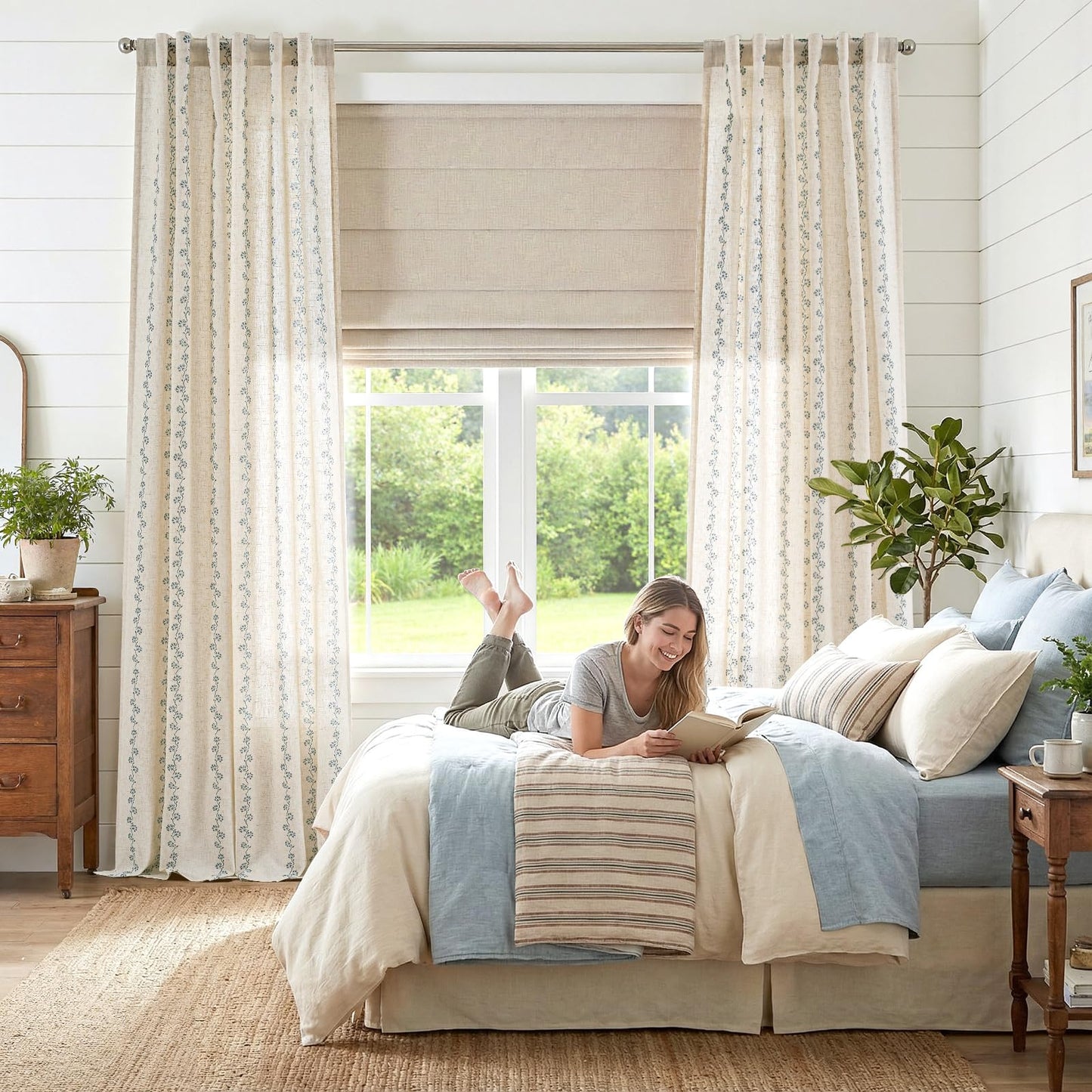 Lazzzy Cathy Blue Linen Floral Curtains 84 inches Long Semi Sheer Drapes 2 Panels for Living Room Bedroom Privacy Light Filtering Curtains Rod Pocket Back Tab 50"x84" Blue on Linen