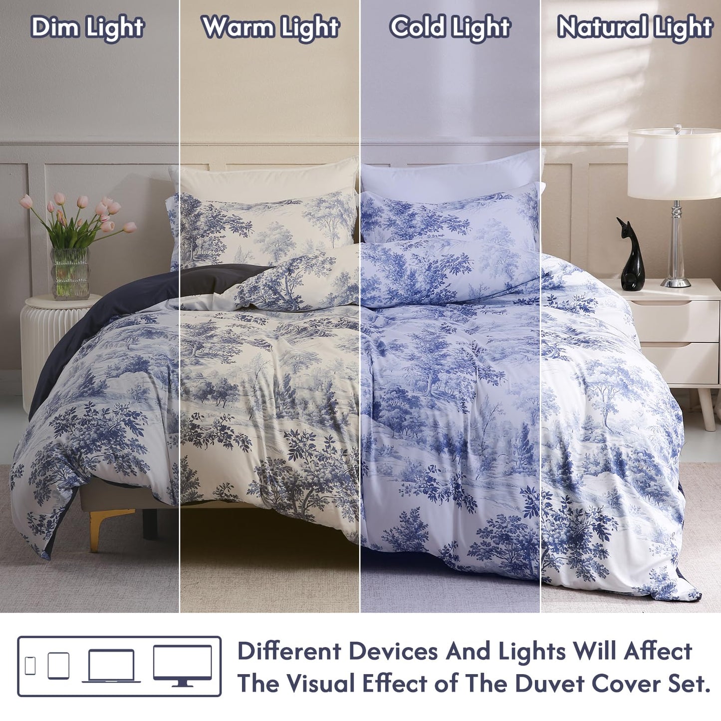 LONAVA Queen Botaincal 3 Pcs Duvet Cover Set, Breathable Soft Microfiber Navy Lining Comforter Cover with Zipper Closure, and 2 Anti-Pilling, Fade Resistant Pillowcases, Blue Forest