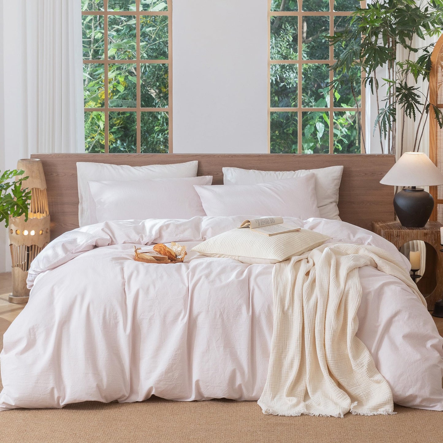 MooMee Striped Duvet Cover Set 100% Washed Cotton Linen Like Textured Breathable Durable Soft Comfy (Heathered Greyish Pink Pinstripes, Queen 90"x90")