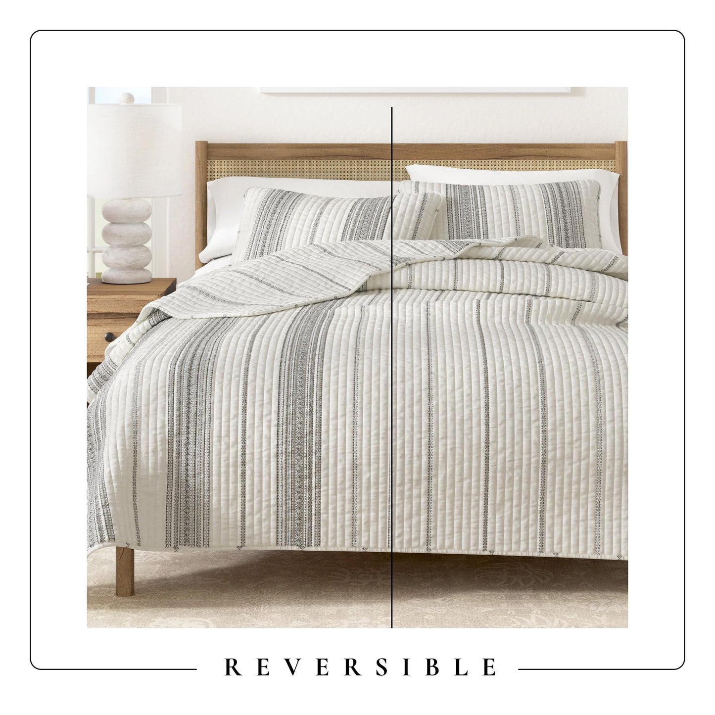 Great Bay Home Striped Quilt Set - 2-Piece Twin/Twin XL Size Farmhouse Bedding Set - Lightweight, All-Season, Reversible Bedspread (Cream/Grey)