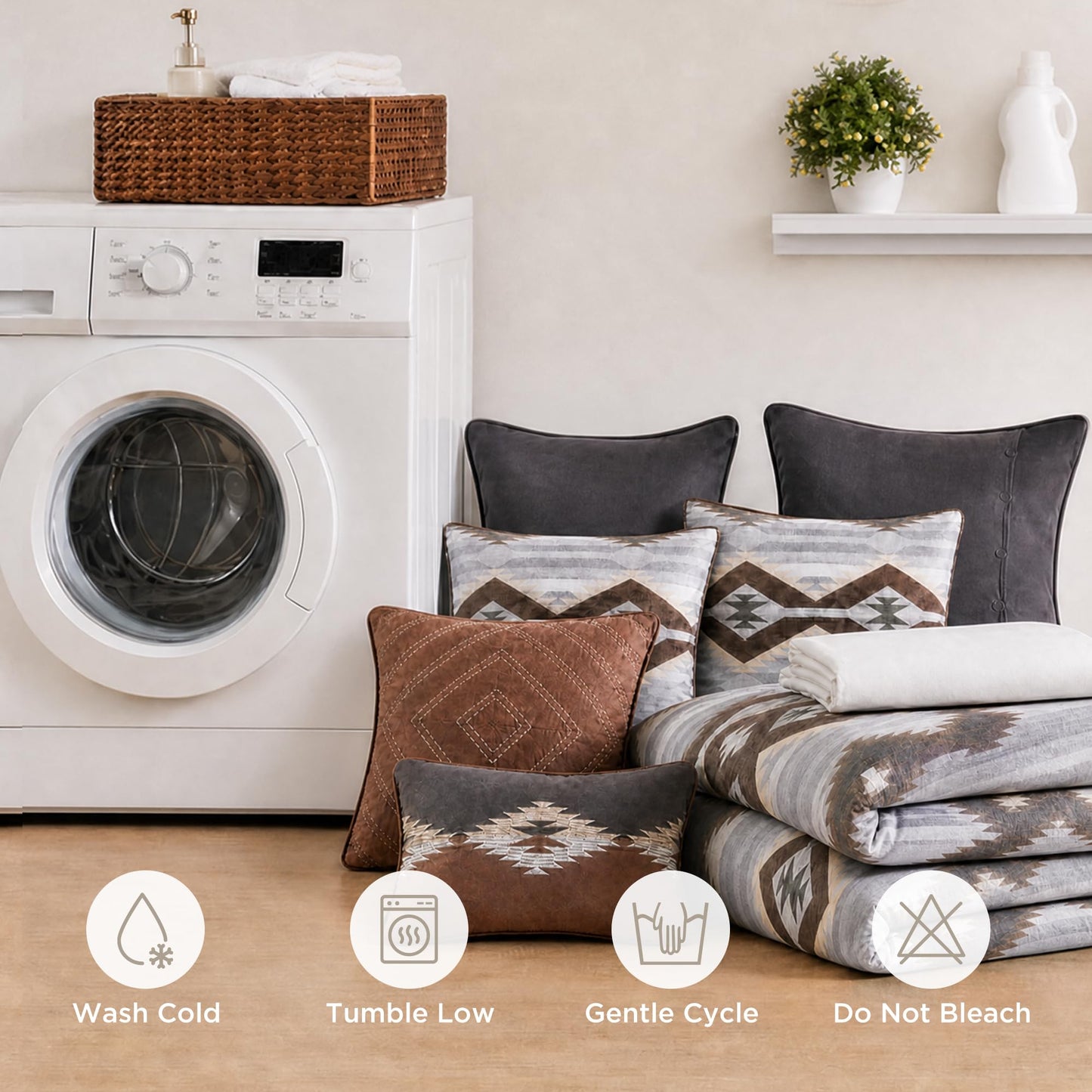 Woolrich Queen Comforter Set, Southwestern Aztec 8 Piece Bedding Set, Oversized All Season Down Alternative Comforter with Shams, Euro Shams, Decorative Pillows & Bedskirt, Rustic Cabin, Grey Brown