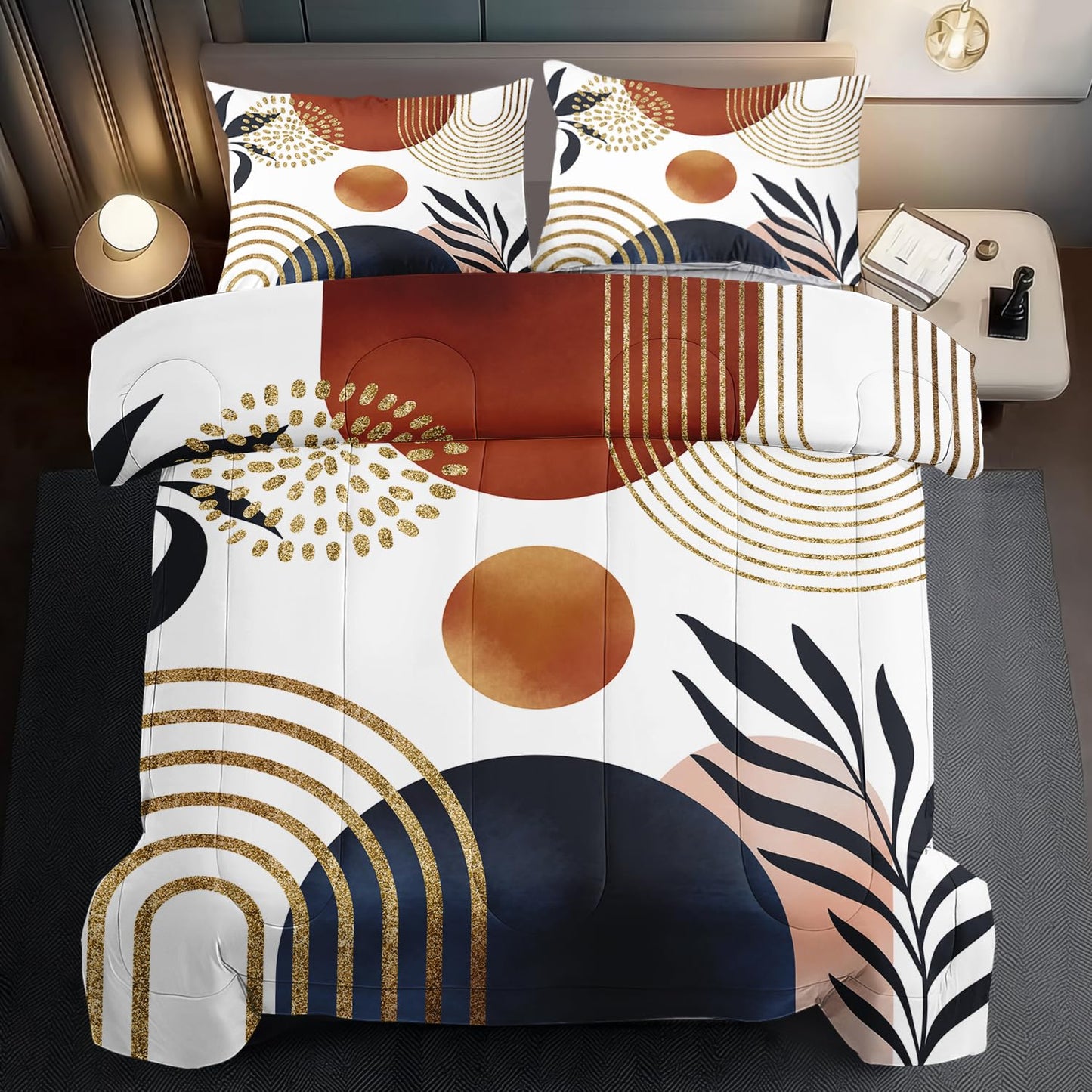llyxsesty Geometric Yellow Comforter Set King,Mid Century Modern Bedding Set for Kids and Adults,Gold Boho Comforter Bedroom Decor,Shabby Chic Bedding Boho Room Decor