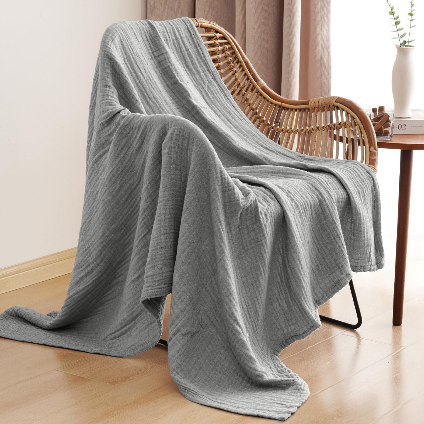 PHF 100% Cotton Muslin Throw Blanket 50" x 60", 4-Layer Lightweight Gauze Throw, Breathable Cloud-Soft Minimalist Blanket for Bed, Couch, Camping & Baby, Grey, Ideal Gift