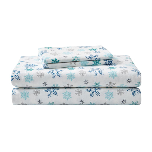 Eddie Bauer - Flannel Sheets Queen Size, Anti-Pilling & Wrinkle Resistant Cotton, Touchably Soft for All-Season Comfort - Bed Sheets with Matching Pillowcases & Fitted Sheet (Tossed Snowflake Blue)