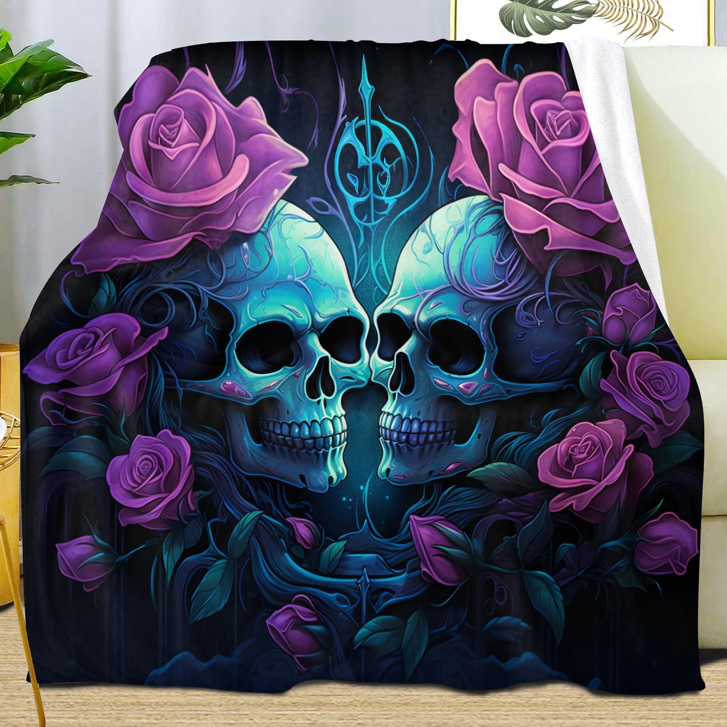 Skull Throw Blanket, Purple Rose Blankets for Couch Bed Sofa, Gothic Blankets and Throws - Super Soft Cozy Plush Flannel Blankets & Gifts, 50x60