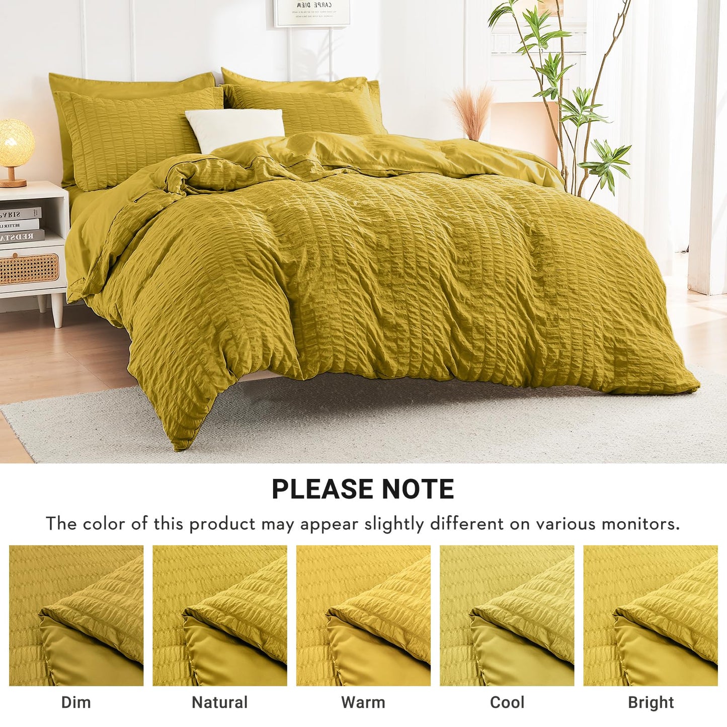 HYMOKEGE Mustard Yellow Twin Comforter Set Seersucker 5 Pieces, All Season Luxury Bed in a Bag for Bedroom, Bedding Set with Comforter, Sheets, Pillowcase & Sham