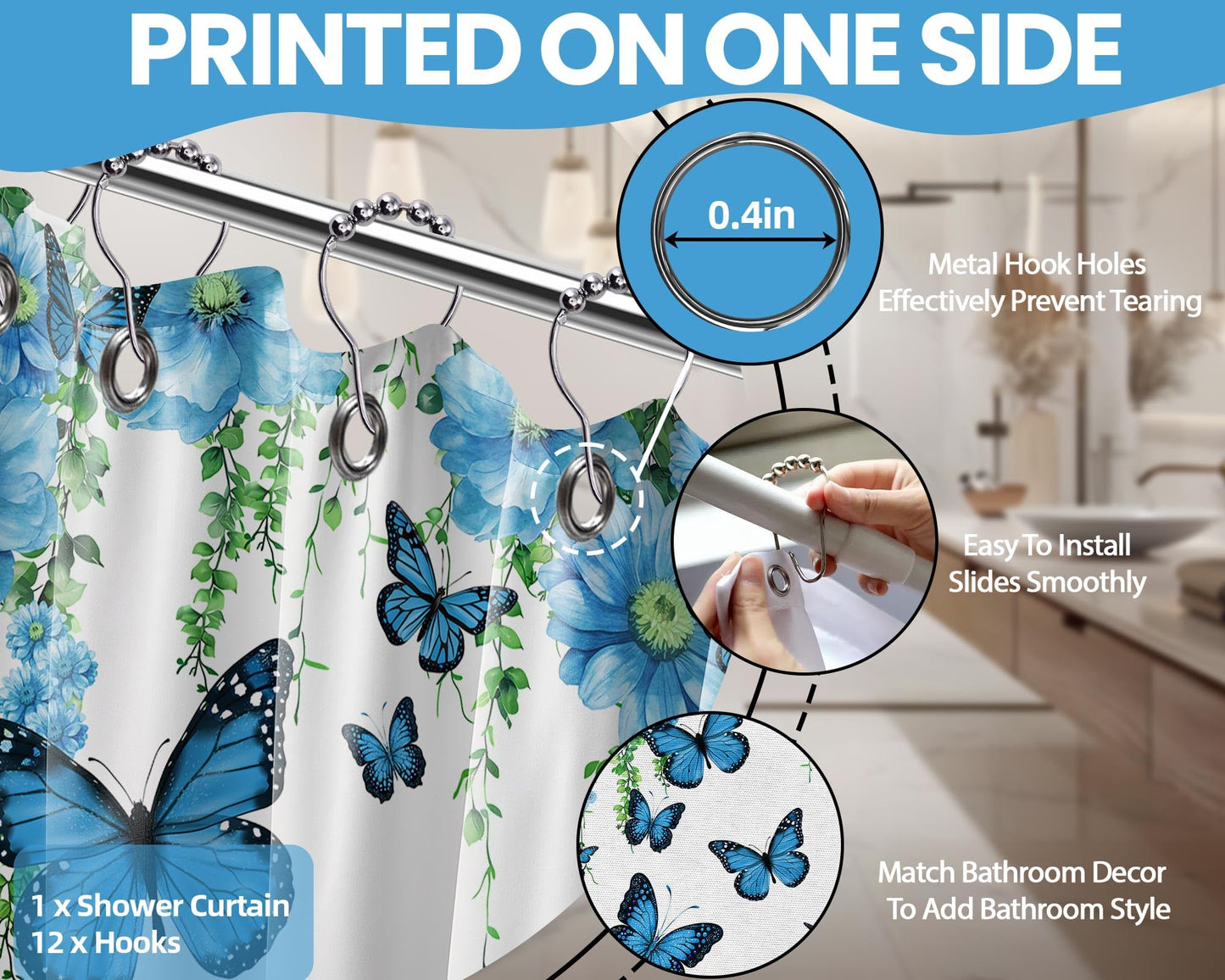 Pdvbiee Blue Butterfly Flower Shower Curtain, 70 X 72 Inch