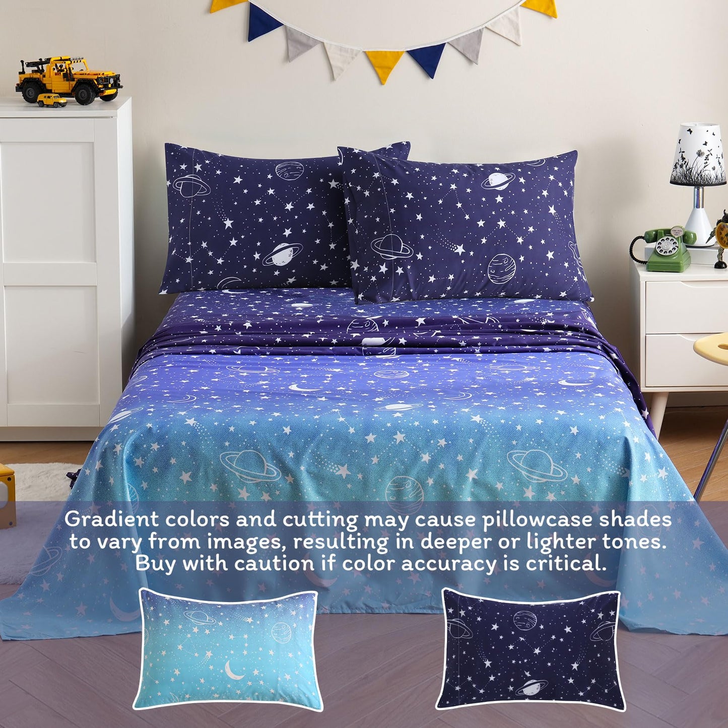 JSD Gradient Blue Moon Stars Kids Sheet Set Twin Size, 3 Piece Space Theme Microfiber Sheets Deep Pocket