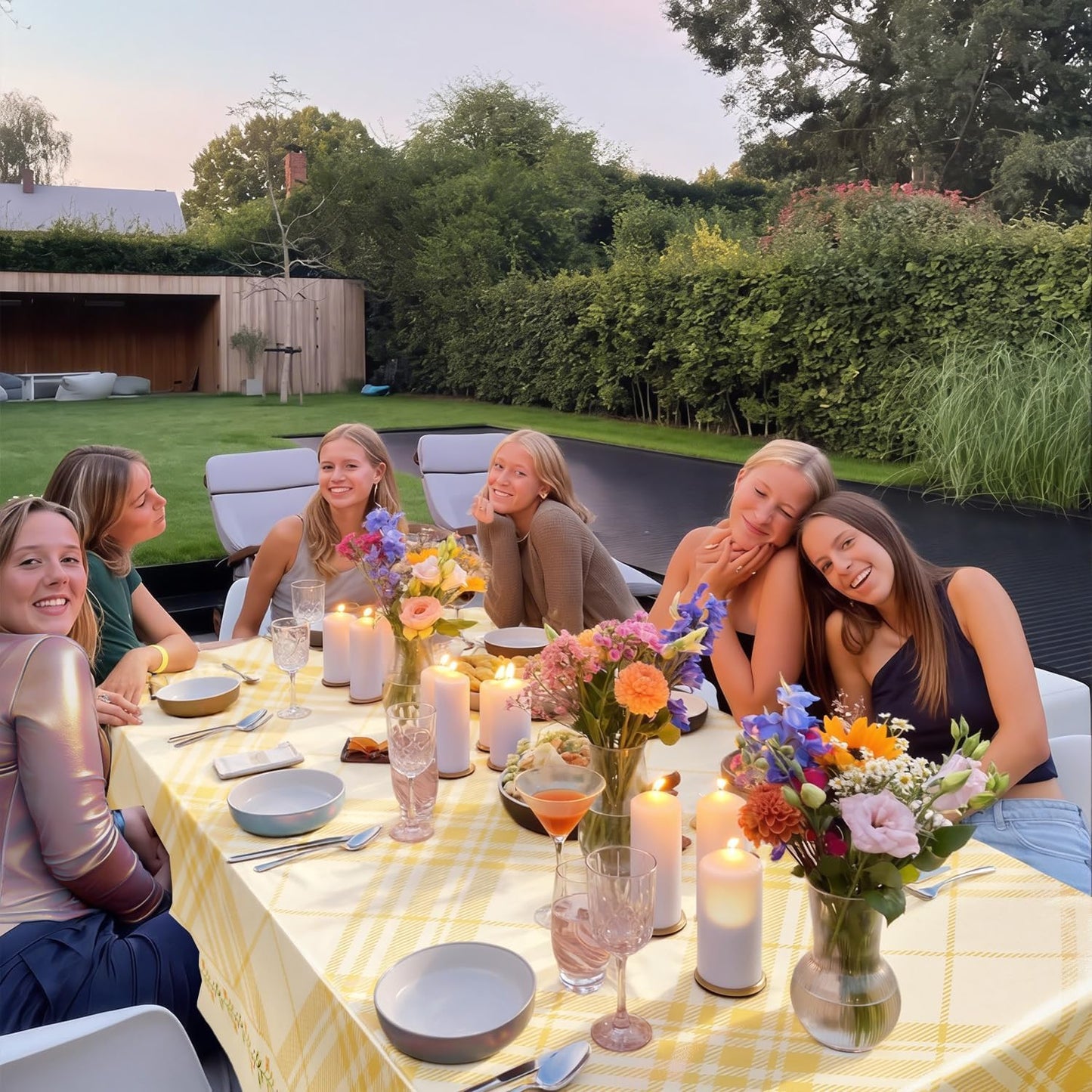 Quantum Love Heavy Duty Vinyl Tablecloths Rectangular Waterproof Plastic Yellow Table Cloth Wipeable Washable Table Cover for Dining Birthday Living Room Gathering (55'' x 78'',Lemon Stripe Check)