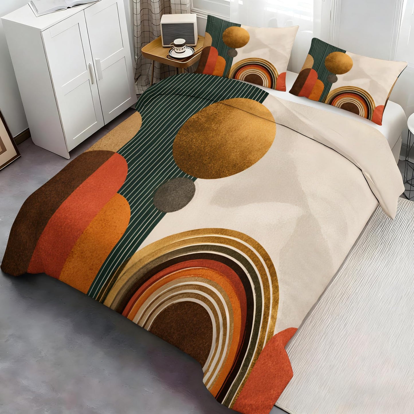 ZAOMIR Mid Century Modern Duvet Cover Twin Size, Boho Abstract Geometric Line Bedding Set 3 Piece, Sun Boho Geometric Patterned Comforter Cover with Zipper Soft Microfiber, 2 Pillowcases