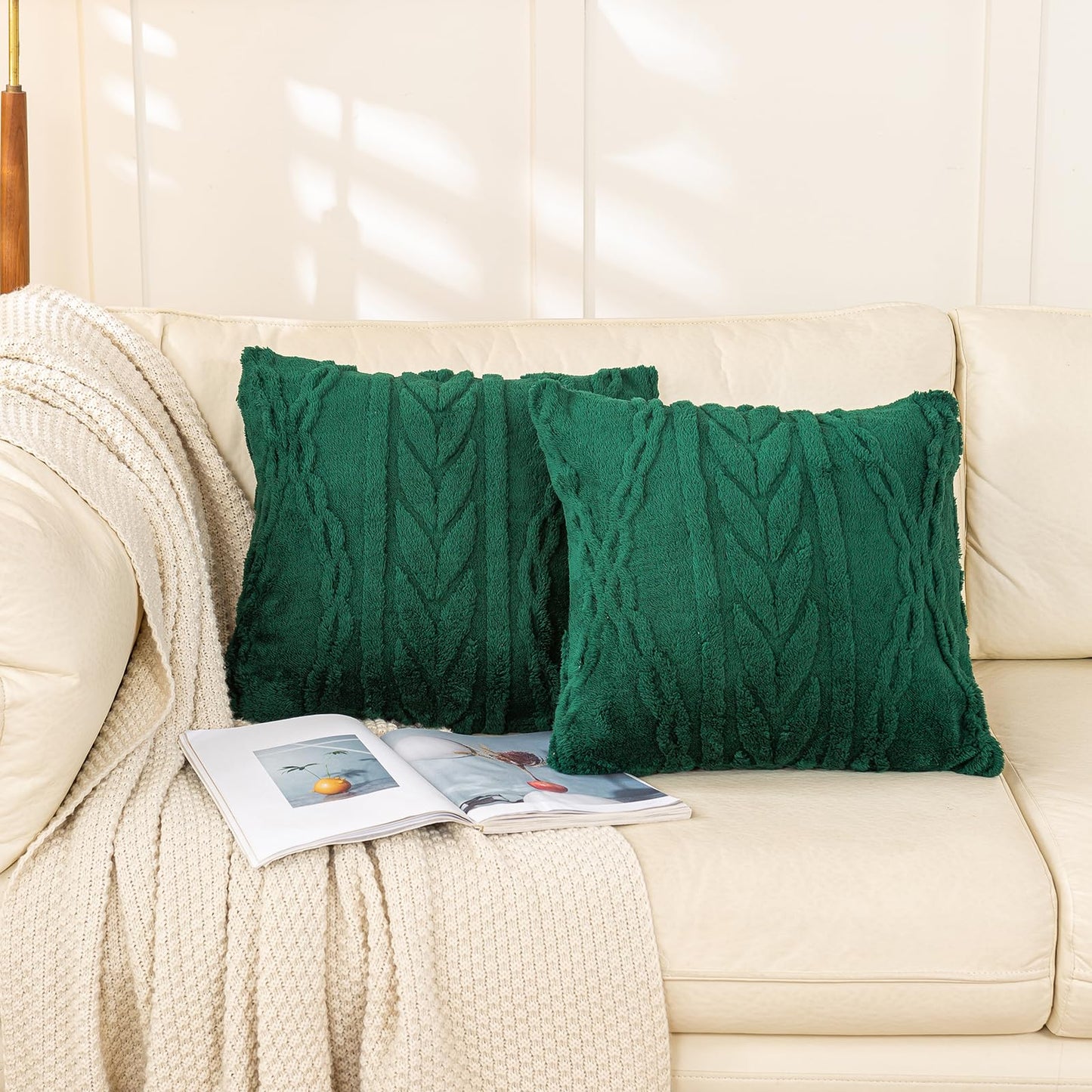 YUSOKI Sherpa Throw Pillow Covers-3D Stylish Design,Set of 2-Decorative Fuzzy Fluffy Cozy Pillow Cases for Sofa Couch Bedroom Without Insert(Forest Green,18"x18")