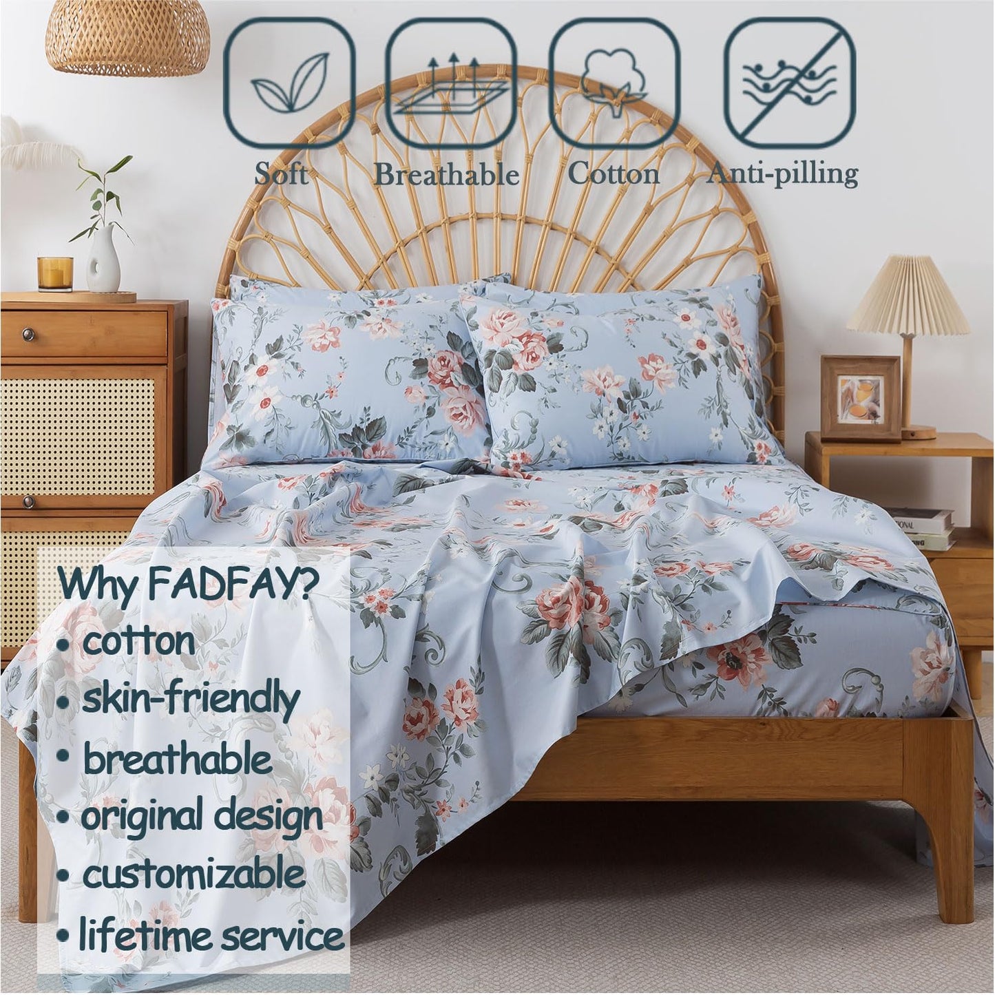 FADFAY Queen Sheets Set Percale Cotton Floral Bed Sheets Deep Pocket Fitted Sheet, Luxury Pink Roses and White Small Flowers Pattern Shabby Vintage Countryside Style Bedding,4Pcs