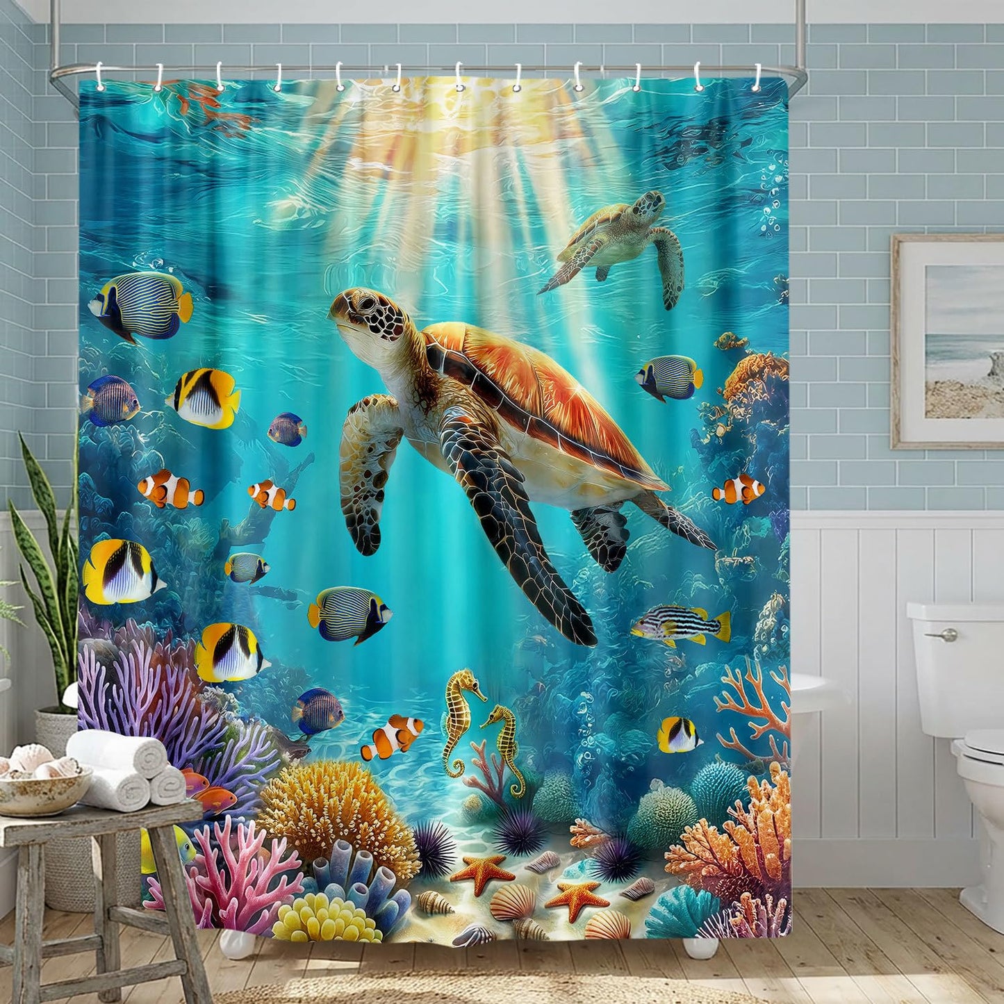 Sea Turtle Shower Curtain, Underwater World Shower Curtain for Kids Bathroom, Tropical Fish Coral Reef Ocean Theme Fabric Beach Shower Curtain Set with 12 Hooks, Coastal Decoration 72X72 with Hooks