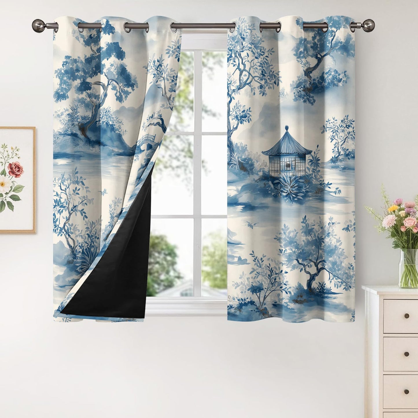 Chinese Asian Curtains for Bedroom Kitchen, 39 Inch 2 Panels, Chinoiserie Landscape Printed Pattern, 95% Blackout Window Drapes for Living Room, Chinese Home Decor, Grommet Top GR41