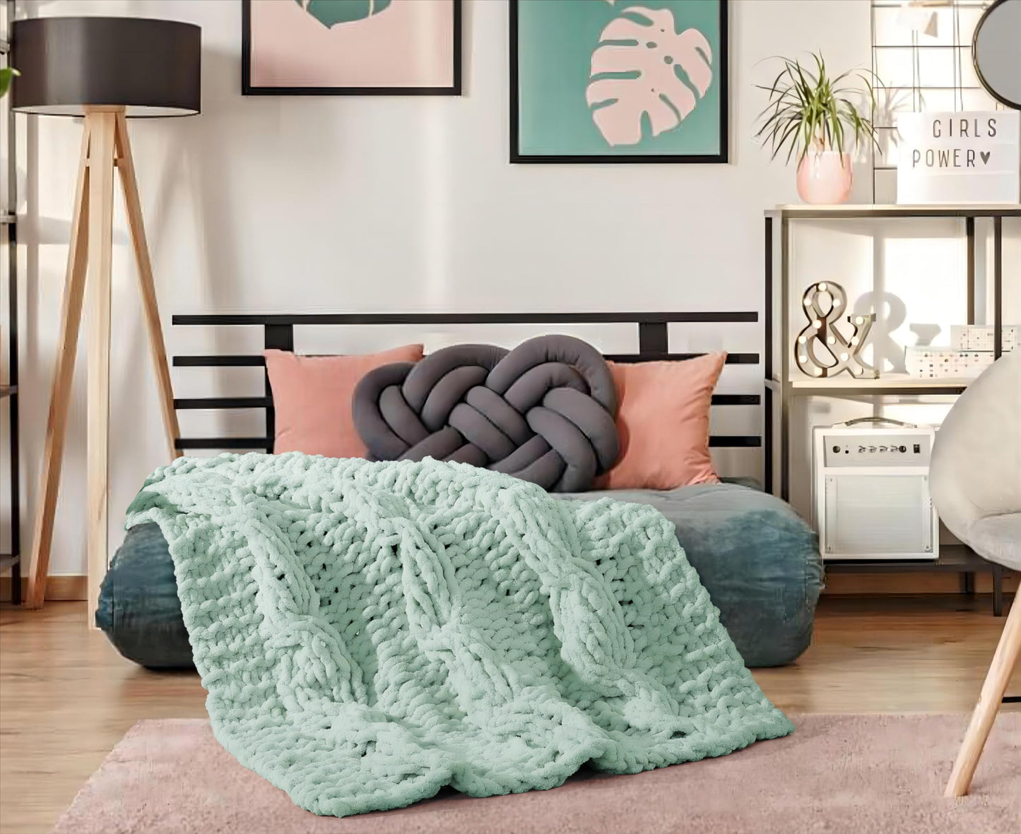 CLOUDS HUG Chunky Knit Blanket Throw - 100% Hand Knitted Chunky Soft Throw Blanket for Couch, Thick and Warm Blanket for Winter,Green, 40x50 Inches