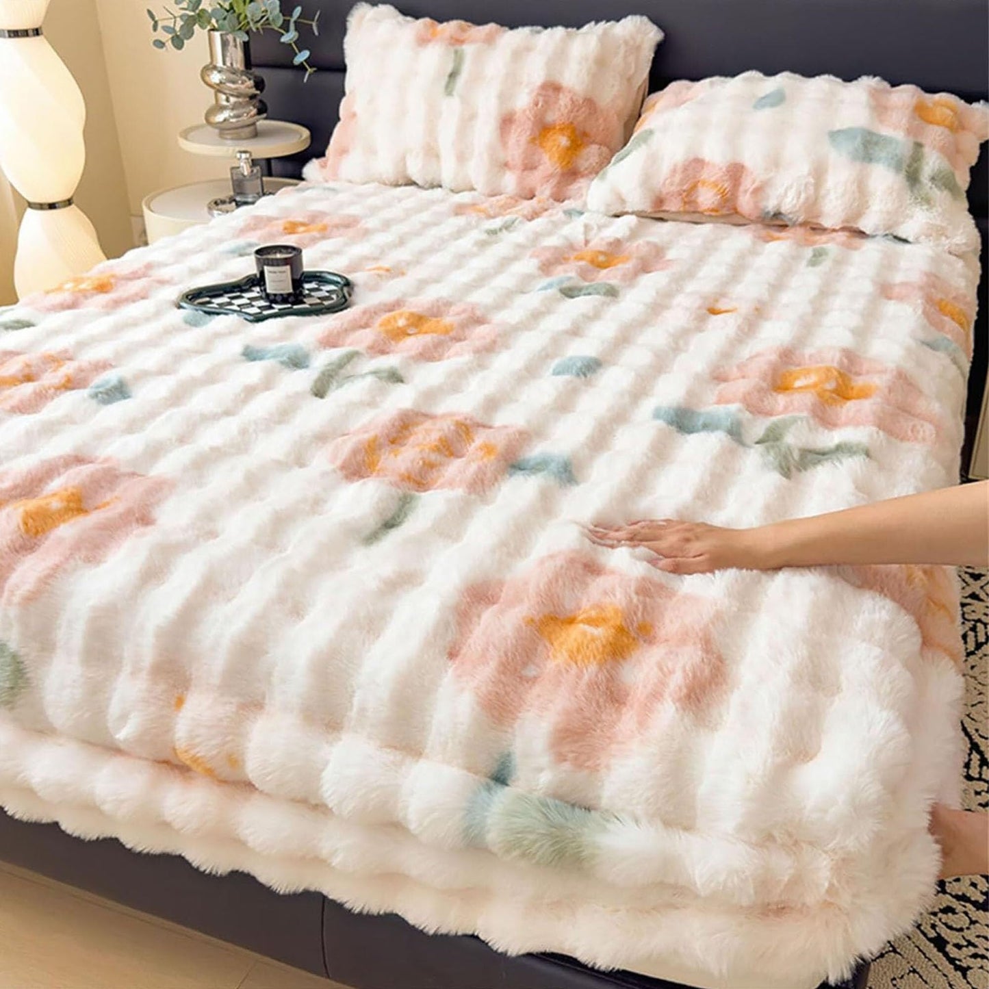 Elastic Bed Sheets, Milk Velvet Fitted Sheet, Winter Warm Mattress Cover, Faux Rabbit Fur Fitted Sheets, Fluffy Mattress Protector Bedspread, Machine Washable and Non-Fade(I,2 Pillowcases)