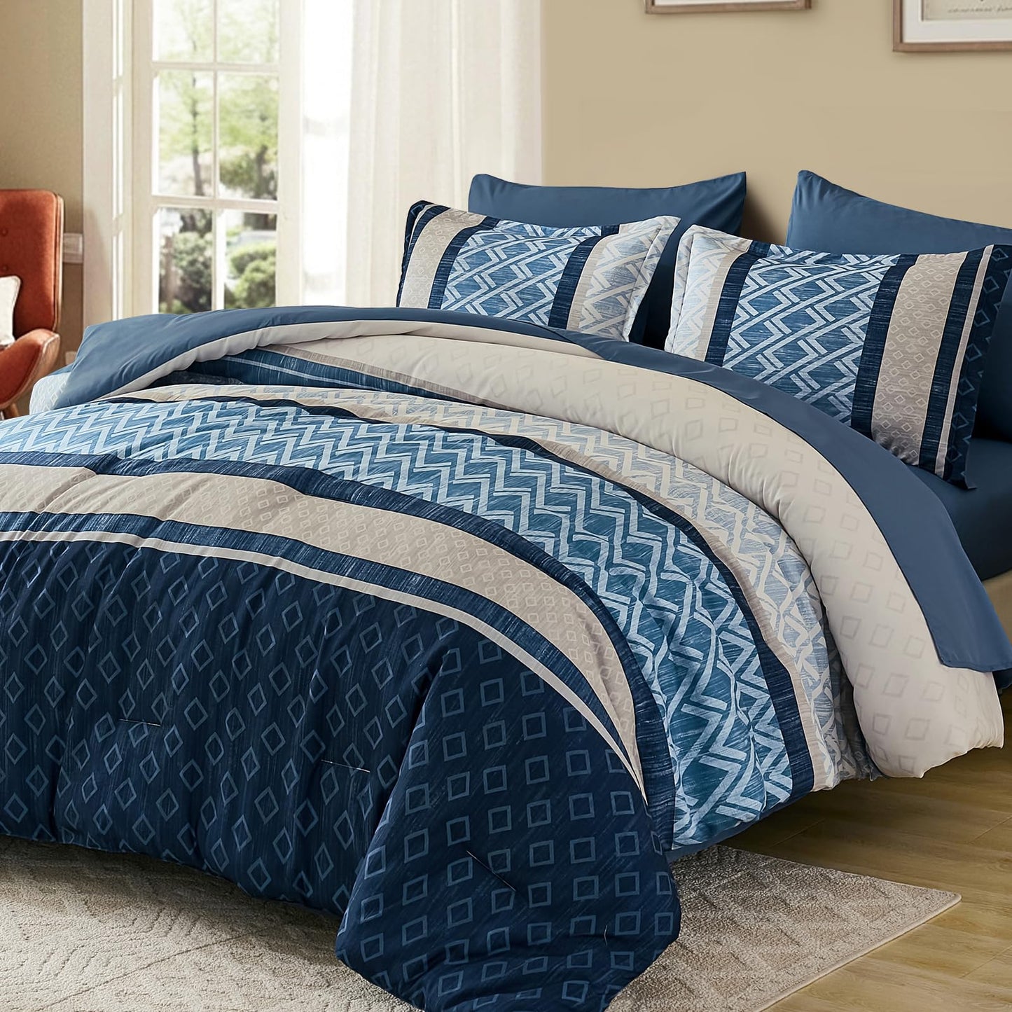 Cottolester Queen Comforter Set 7 Pieces Blue Boho Striped Bed in a Bag,Soft Microfiber Complete Bedding Sets