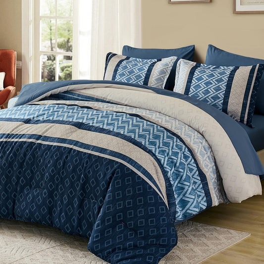 Cottolester Queen Comforter Set 7 Pieces Blue Boho Striped Bed in a Bag,Soft Microfiber Complete Bedding Sets