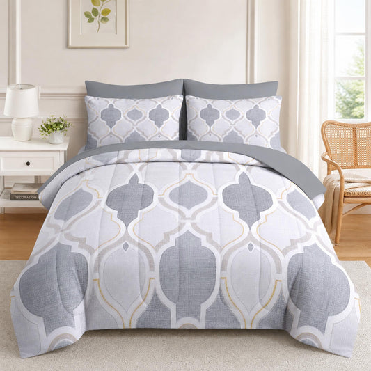 Boewywh Comforter Set Twin Size Geometric Moroccan Grey 7 Pcs, Bedding for Kids and Adults, Modern Gold Bed Sheet Sets with Fitted Sheet 2 Pillowcases & 2 Shams for Bedroom Bed Decor