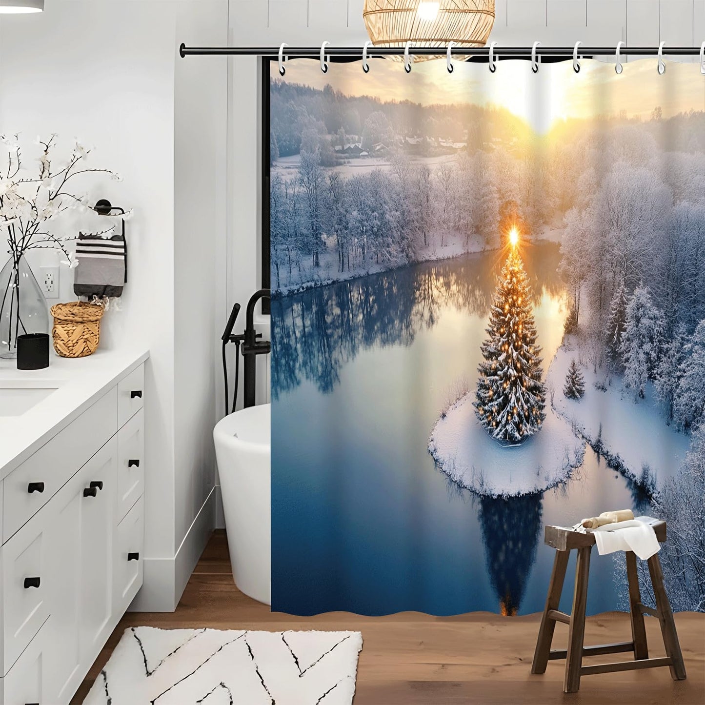 ZROLUW Christmas Snow Scene Shower Curtain,48" W x 72" L Shower Curtains for Bathroom, Fabric Bath Curtain Sets Decor with Hooks