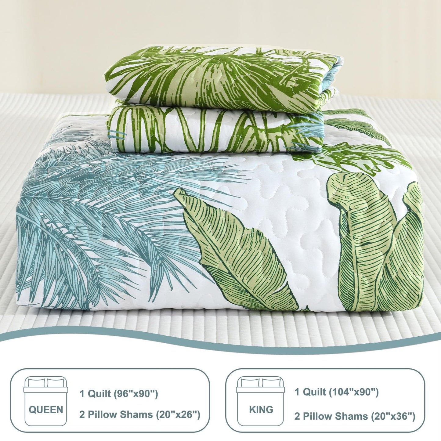 Luxudecor Tropical Plants Quilt Set Queen Size 3 Pieces Green and Blue Palm Botanical Bedspread Rainforest Style Bedding Set Soft Lightweight Bed Cover All Season 96"x90"