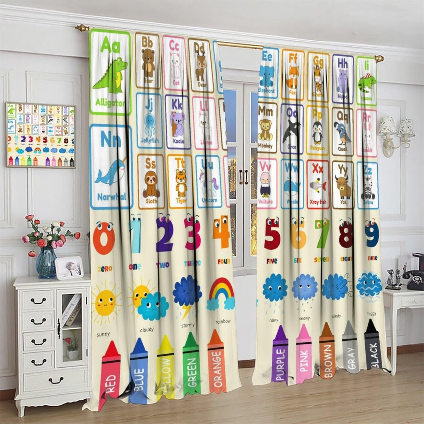 AAVEUP Alphabet Education Curtains, Cartoon Animal Alphanumeric ABC Color Learning Pencils Windows Treatments Drapes for Kids Baby Nursery Children Toddler Bedroom 42x45in（No Blackout）