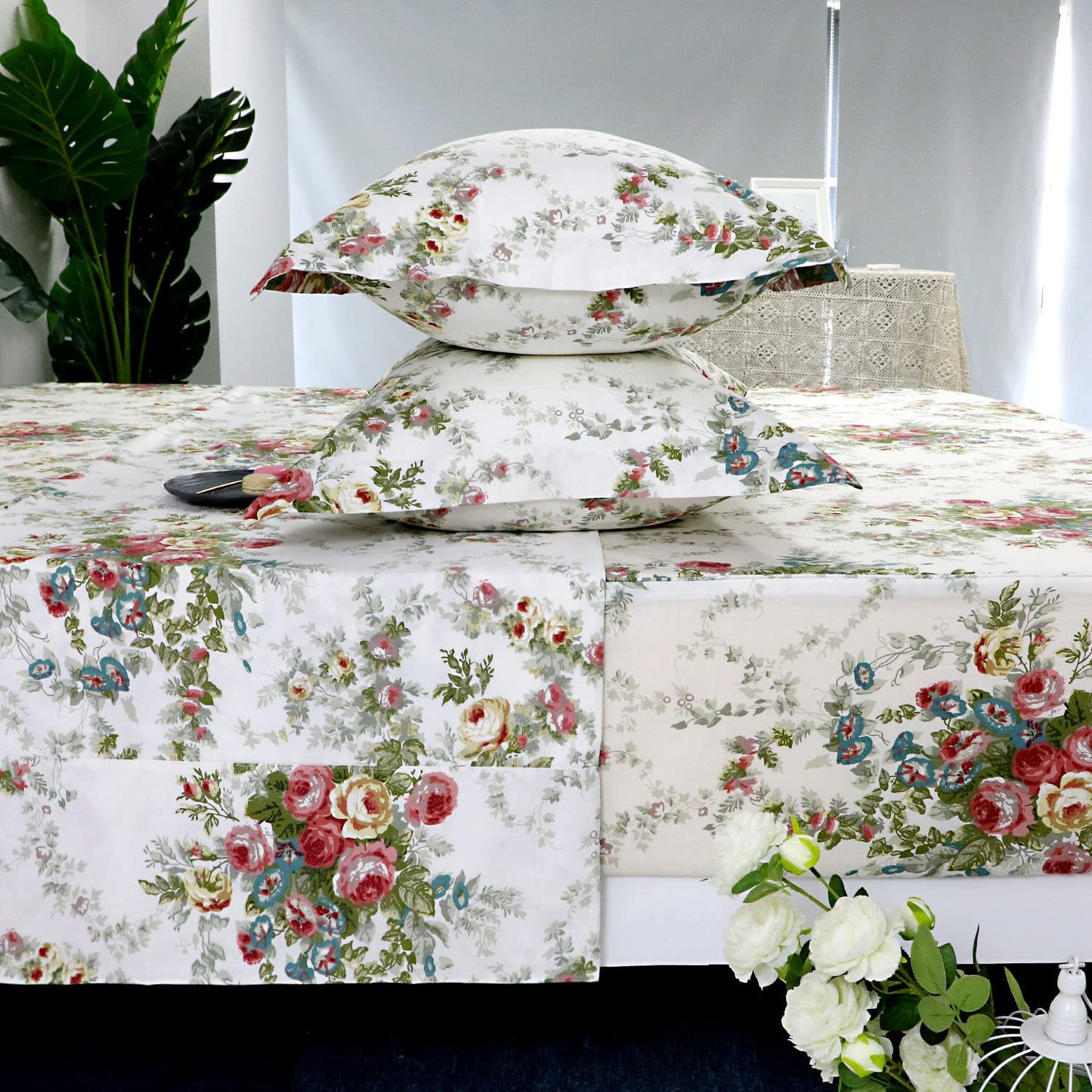 FADFAY Sheet Set Cal King Vintage Rose 100% Cotton Hypoallergenic White and Grey Deep Pocket Fitted Sheet 4-Pieces Cal King