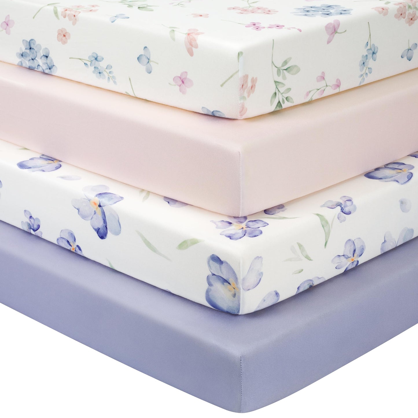 FIEMOL Baby Crib Sheets Girl, Toddler Bed Sheets Fitted for 52”x28”Standard Crib and Toddler Mattresses, 4 Pack Soft Breathable Stretchy Pink Purple Floral