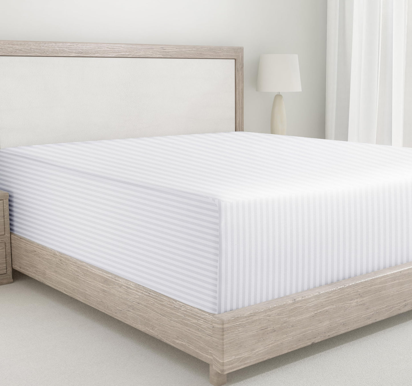 California Design Den King Fitted Sheet Only Deep Pocket - Soft 400 Thread Count Sateen, Natural 100% Cotton Fitted Sheet King, No-Pop Off Elastic, Durable - Striped White